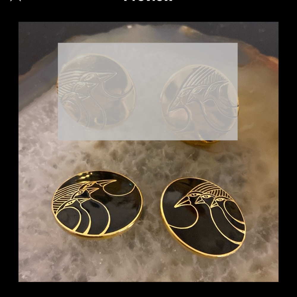 Vintage black Laurel Burch celestial birds black clip earrings Guc